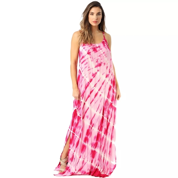Riviera Sun Tie-Dye Maxi Dress Size 1X Beautiful Pink Fuchsia Flowy Sun Tie Back - Picture 1 of 10